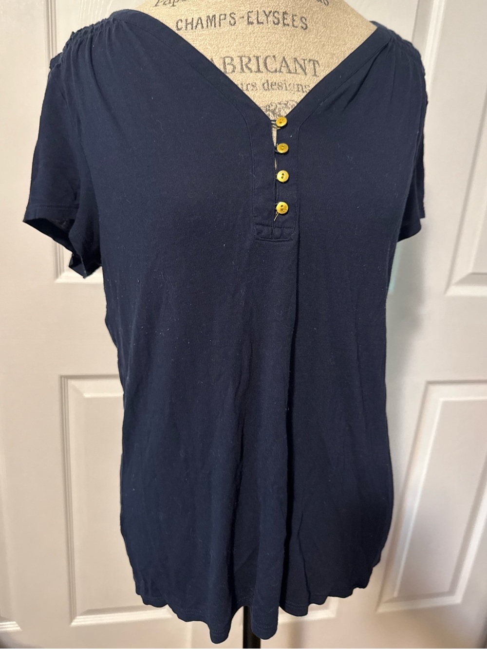 LOFT Small Women's Navy Short-Sleeve Henley Top with Gold Tone Buttons